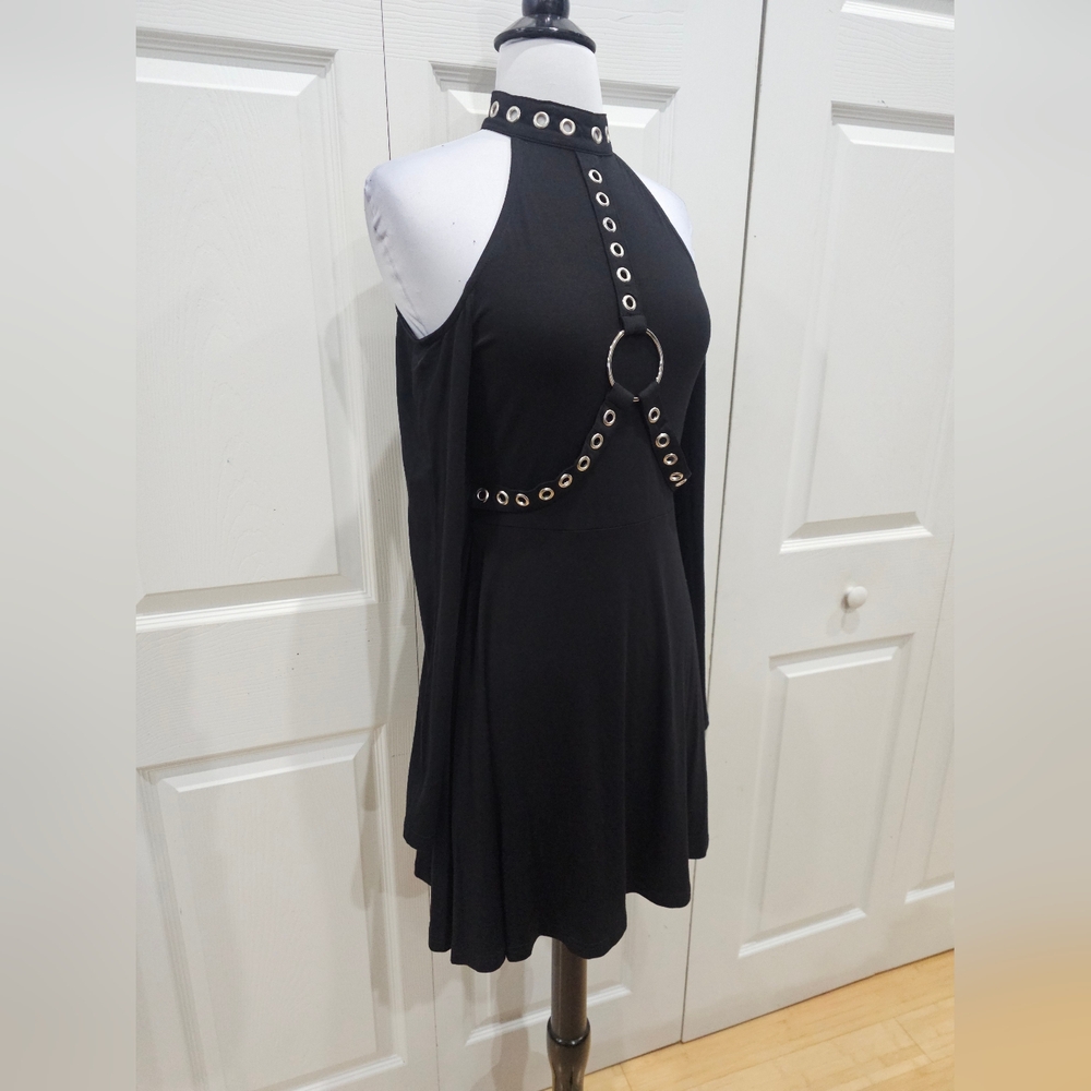 Killstar Goth Black Silver O Ring Grommet Harness Helter Long Sleeve Dress S NWT - Picture 4 of 6